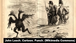 «Двоголова ворона у Криму». Карикатура у лондонському журналі «Панч», 29 вересня 1855 року. Французький та британський солдати дивляться, як тікає обскубаний російський двоголовий орел. У повному розмірі видно підпис: «Вона сильно отримала! Добий її!»