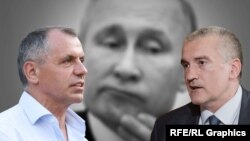 Володимир Костянтинов та Сергій Аксьонов на тлі Володимира Путіна. Колаж