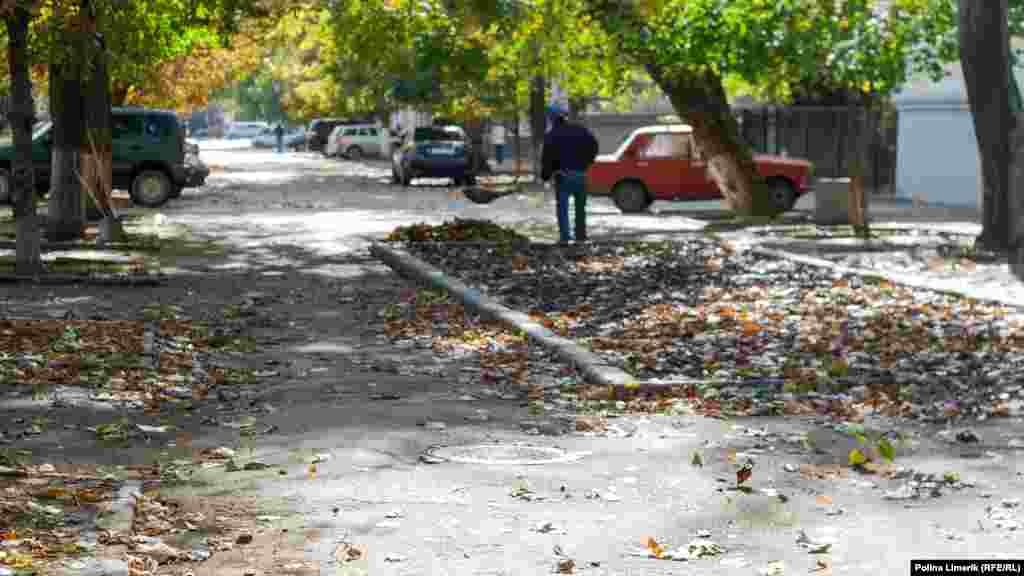 Двірник у ковбойському капелюсі медитативно шарудить опалим листям