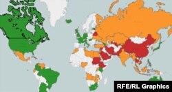 Freedom House ұйымының әлемдегі 2014 жылғы интернет еркіндігін карта арқылы сипаттауы. Көк - интернеті еркін, сары - жартылай еркін, қызыл - еркін емес елдер.