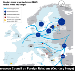 Діяльність російських кримінальних структур у Європі. Карта з доповіді Марка Галеотті